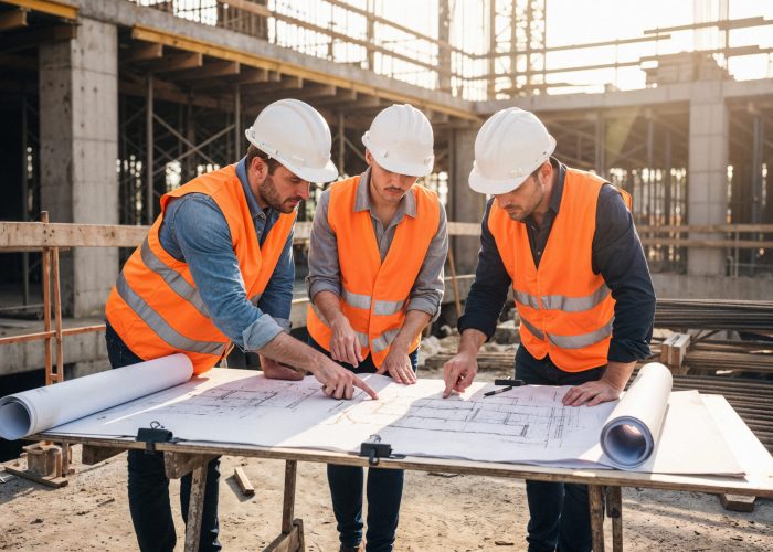construction-workers-collaborating-blueprints-construction-site